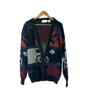 Vintage Matt Morgan Men’s Cardigan Sweater Aztec Black Blue Red Winter Size XL